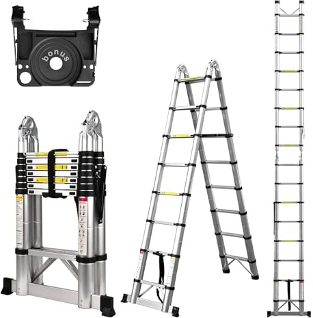 Telescoping Ladder A Frame, 16.5 Ft Compact Aluminum Extension Ladder, Portable Telescopic RV Ladder for Outdoor Camper Trips Motorhome with Tool Platform and Stabilizer Bar, 330 lb Capacity