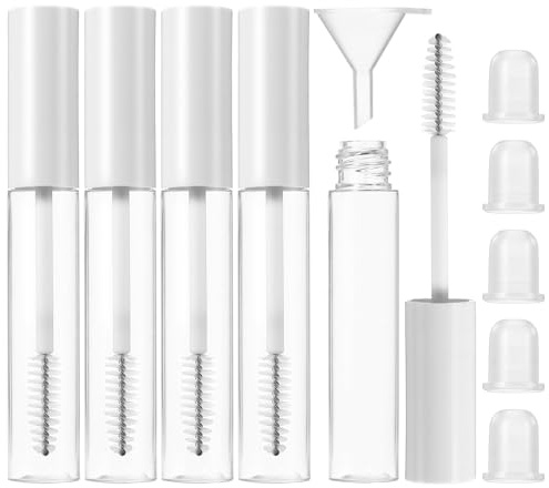 5-pack 9,6 g (10 ml) tom mascara-tub och stav påfyllningsbar, läckagesäker plast tom fransserumflaska med ögonfransstavar och 5 gummiinsatser 1 tratt ingår för gör-det-själv kosmetisk stravel och