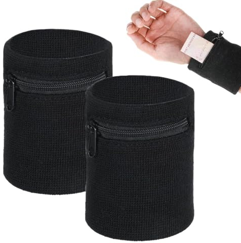 BCHKO Schweißband Handgelenk 2er Pack Schwarz mit Reißverschluss Handgelenktasche – Sport Armband Tasche für Schlüssel & Geld, Ideal für Laufen, Jogging, Fitness & Radfahren Herren Damen