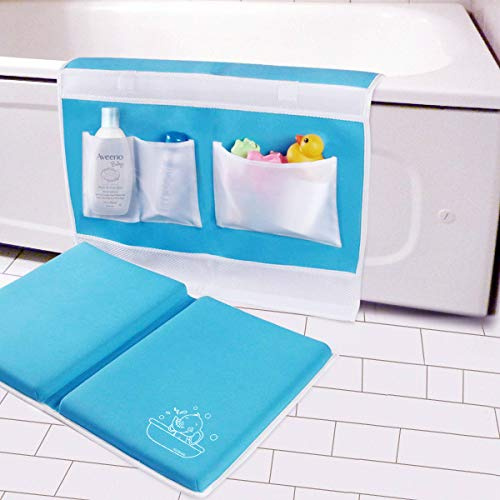 Bade-Kniebank mit Ellenbogenauflage, 3,8 cm dick, mit Spielzeug-Organizer – Badewanne Kniepolster für Babys – abnehmbare und faltbare Badewannenauflage für Eltern – blau