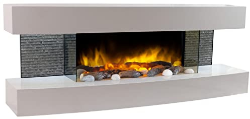 CHEMIN'ARTE Camino elettrico Lounge effetto fiamma LED - da parete - Bianco - 120cm - Telecomando, Caminetto con Timer e Controllo Automatico di Temperatura
