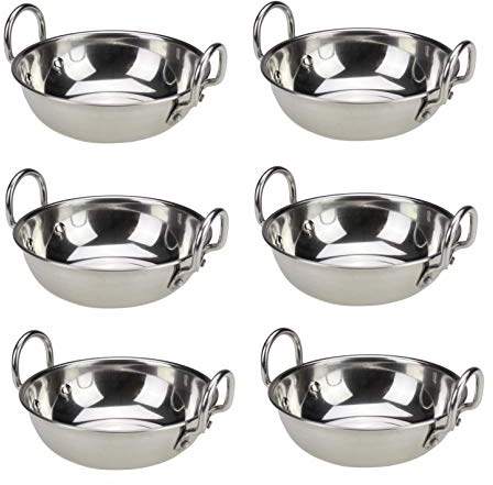 Stainless Steel Balti Dish with Handles Indian Curry Serving Dish Bowl Stainless Steel Karahi Kadai Kadhai Deep Frying Cooking Serving Pot Pan Deep Curry Pan (6, 14.5cm /5.7)