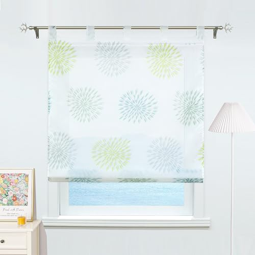 ESLIR Raffrollo mit Schlaufen Gardinen Küche Raffgardinen Transparent Schlaufenrollo Vorhänge Kreis-Motiven Modern Voile Grün BxH 100x140cm 1 Stück