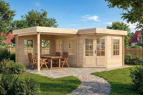 Alpholz 5-Eck Gartenhaus Pepe 618x462cm Naturbelassen mit 28mm Wandst. | aus Holz (Nordische Fichte|Kiefer), Blockbohlenbauweise, Flachdach