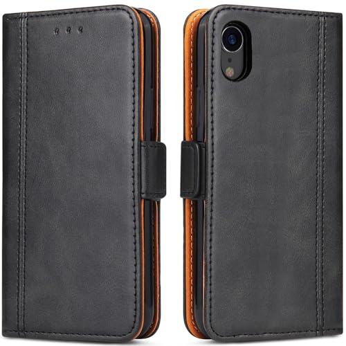 Handyhülle für iPhone XR, Lederhülle mit Kartenfächer, Schutzhülle mit Standfunktion, Klapphülle Tasche für iPhone XR, Schwarz