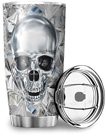 Homedb Edelstahl Tassen Diamant Totenkopf Schädel Becher Doppelwandige Vakuum Reisebecher 600 ml Travel Mug mit Spritzfestem Deckel Reiseflasche Kaffeebecher to go Thermobecher White 600ml