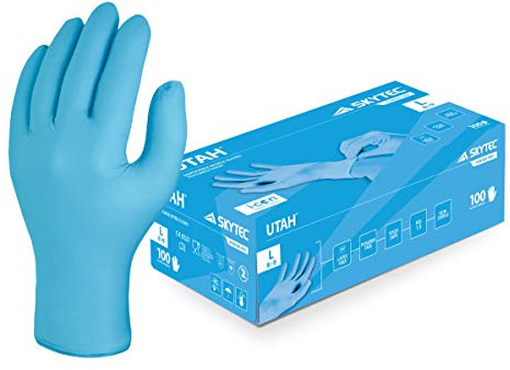 Skytec Utah Blue Disposable Nitrile Gloves - Multipurpose Powder Free High Grip Non Latex Examination Gloves (Box of 100) Large