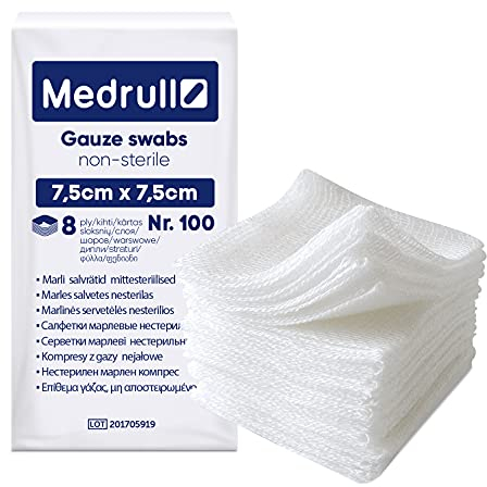 Medrull 8-lagige Kompressen 7.5 x 7.5cm Nicht-Sterile Wundauflagen - 100% Baumwolle, sehr weiches, saugfähige Mull - Medizinische Qualität 100er Pack