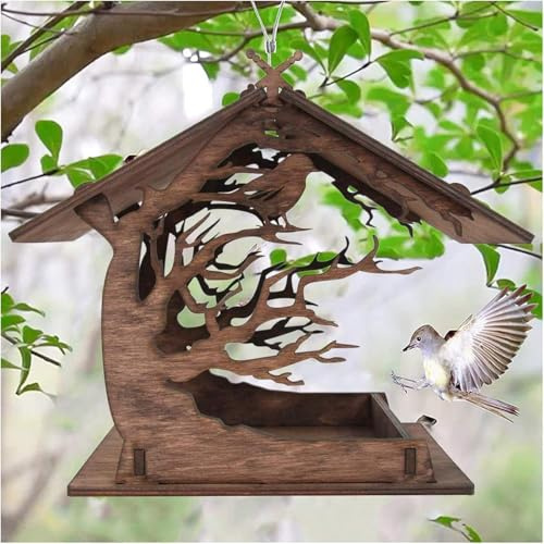 Mangeoire en Bois, Maison, Distributeur Suspendu Imperméable Mangeoire pour Oiseaux Sauvages, Suspendre en Extérieur, Décoration Jardin