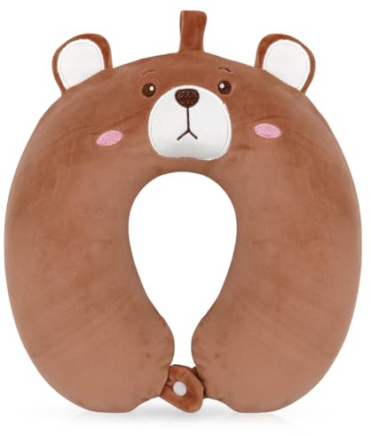 Wishstar Kit Coussin Voyage Enfant, Ours Coussin Avion, Oreiller en Mousse à Mémoire, Oreiller de Voyage Portable Mignon pour Voiture Avion Bureau Maison