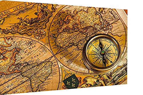 Magic Canvas Art - Bilder alte Weltkarte Kompass Leinwandbild 1- teilig Hochwertiger Kunstdruck modern Wandbilder Wanddekoration Design Wand Bild – A3492, Größe: 180 x 100 cm