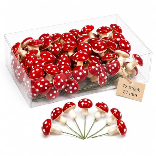 MIJOMA Magische Mini-Pilze am Draht für Weihnachts- und Herbstdekorationen, Ideale DIY Bastelzutat für Feengarten und Tischschmuck, Rot-Weiß Glücksbringer (27 mm, 72)