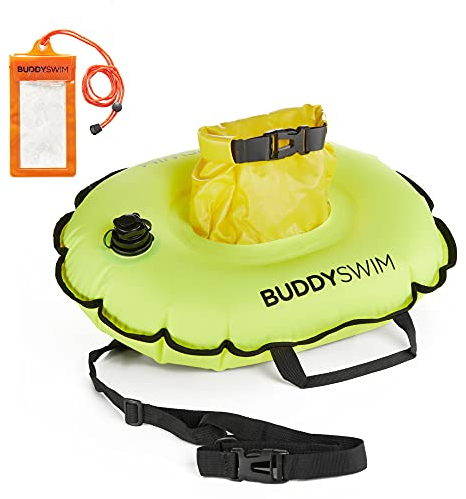 BUDDYSWIM Bouée de Natation Hydrastation 10L avec Pochette Etanche Facile d'accès pour Ranger Ses Affaires, sa Bouteille d'eau ou sa Nourriture. Comprend Un Pochette Etanche Smartphone. Jaune.