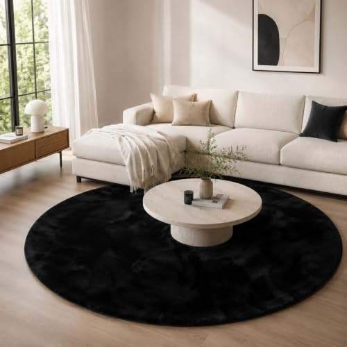 Pergamon Luxus Fellteppich Pearl Schwarz Rund – Super Soft Kunstfell Hochflor Teppich