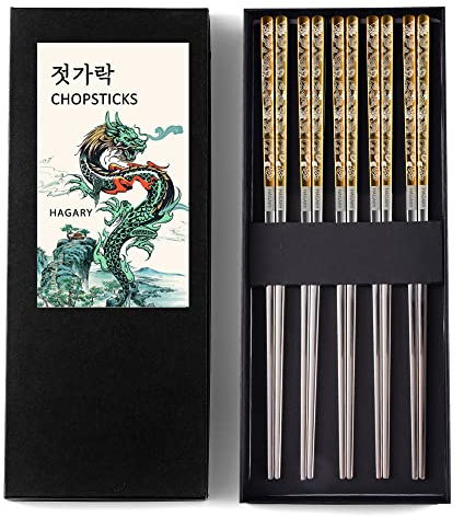 Hagary Drachen-Essstäbchen, Metall, wiederverwendbar, entworfen im koreanischen japanischen Stil, Edelstahl, 316 18/10, rutschfest, 2 Paar, spülmaschinenfest, lasergeätzt (Gold – 5 Paar)
