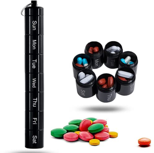 Pill Box 7 Day Metal,Weekly Pill Box Organiser Portable Pill Cases Waterproof Daily Pill Container Holder Metal Pocket Pill Boxes Travel Pill Holder for Men Women (Black)