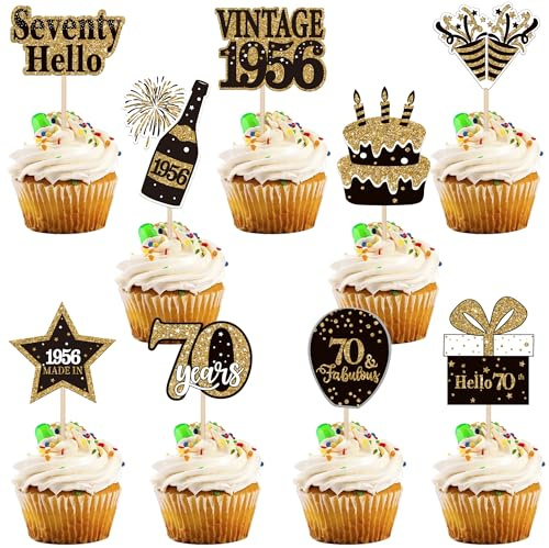 SYKYCTCY 36 Pack Vintage 1956 Cupcake Toppers cheers to 70th Birthday Cupcake Picks Hello Seventy Birthday Cupcake Decorations for Happy 70th Birthday Wedding Anniversary Party Supplies