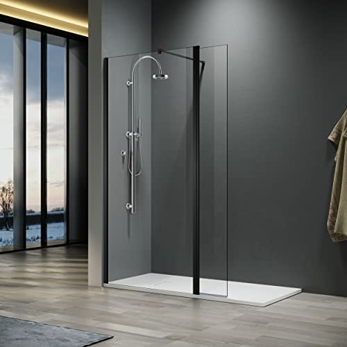 ELEGANT 700 Walkin Shower Screens Panel with 300mm Flipper Panel | 8mm NANO Easy Clean Glass for Walk in Shower Enclosure, Black Aluminum Frame and Stainless Steel Support Bar, Easy to Install