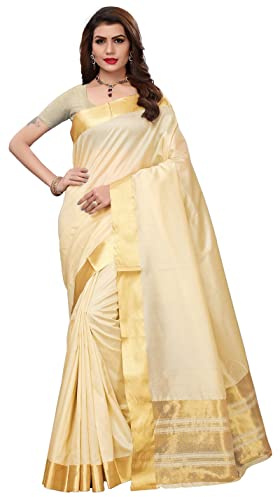IMTRA FASHION Sari tradicional de seda de algodón y poliéster para mujer india con blusa, crema, L