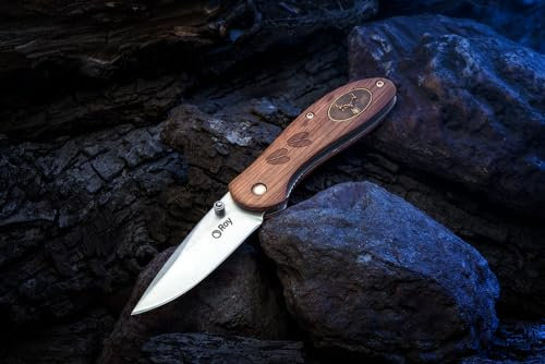 Roy Jagdmesser Outdoor Klappmesser Zweihandmesser Legal Deutschland Messer, Taschenmesser mit Holzgriff, Anglermesser Jagt Messer mit Gravur