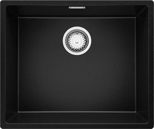 PRIMAGRAN Evier Cuisine en Granit au Meuble 60cm + Kit de Vidage, 56x47cm | Set: Kit de Vidage (Siphon, bonde d’évacuation, trop-plein) + Lavabo 1 Bac - London, Noir