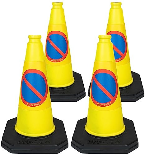 4 x 460mm 1-Piece High No Waiting Traffic Cones in Yellow - Strong and Durable Outdoor Cones with Very Low Centre of Gravity - U.K Made Safety Cones