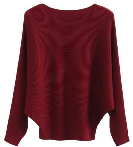 GXIN Maglioni a maniche a pipistrello da donna con spalle scoperte e scollo a barca Dolman pullover lavorato a maglia maglioni top, Rosso vinaccia, Taglia unica