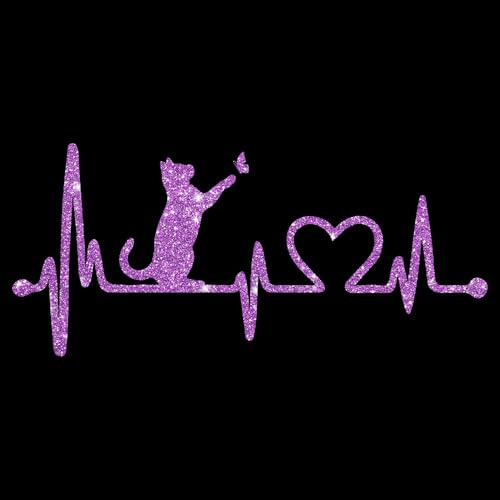 Glitzerdeals Bügelbilder Glitzer Katze auf Herzline EKG Katzen lila Aufbügler für Textilien Karneval Kostüm Katzen Bügelflicken Katze Fasching Patch zum Aufbügeln Katzen