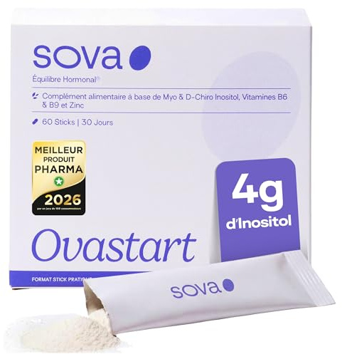 Myo inositol, D-chiro-inositol - Inositol 4000mg - Zinc, Acide folique Brevetée Quatrefolic® & B6 - Régulation de l'activité hormonal & Métabolisme Glucidique - 60 Sticks - Ovastart - SOVA