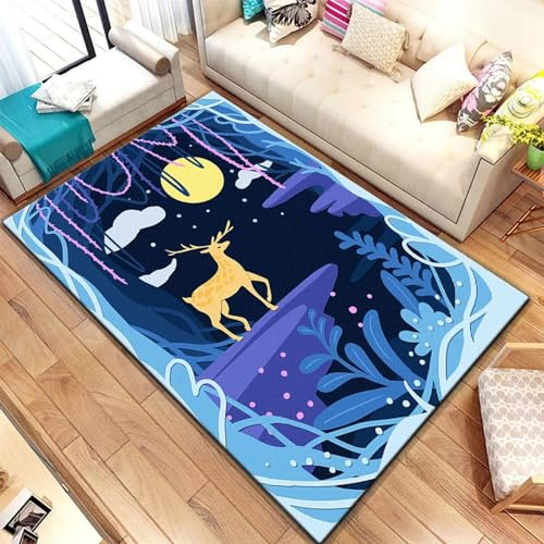 Kind Teppich 140 X 200 Cm / 55.11 X 78.74, Schlafzimmer Teppich, 3D Teppiche Wohnzimmer Teppiche Weich Rutschfest Teppich Für Wohnzimmer Schlafzimmer Bettvorleger Elch Waldtier Hirsch Cartoon-Z -3W9