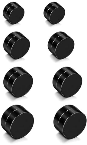 ZAMXHUG Magnetohrringe für Herren, 4 Paar, falsche Ohrringe, Edelstahl, für Herren und Damen, runde Ohrringe, magnetisches Piercing, Schwarz, Silber, 6-12 mm