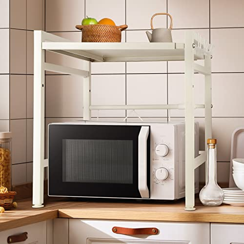 XUANYU Support de Four à Micro-Ondes Extensible Support Micro-Ondes en Métal Etagère de Cuisine avec Crochets Plastique Etagere Rangement Cuisine Réglable jusqu'à 25 kg (1, Blanc-2 Niveaux)