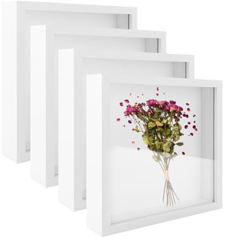 JMIATRY 4er Set 3D Bilderrahmen 20x20 CM, Bilderrahmen zum Befüllen, Weiß Objektrahmen Shadow Box für Blumen, Medaillen, Fotos