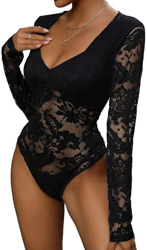Everbellus Body Sexy a Maniche Lunghe da Donna, Elegante Body in Pizzo con Scollo a V Profondo, Bodysuit Camicetta Tops Data Serata Clubwear Nero X-Large