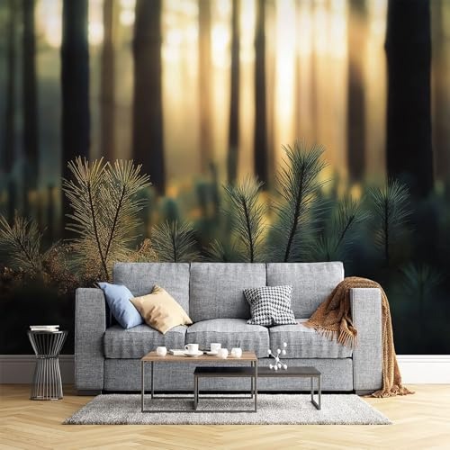JEDTAKCT 300X210Cm Seidetapete Grüne Kieferntapete Elegance Tapete Im Sonniger Wald Design Tapete Wandtapete Wohnzimmer Schlafzimmer Flur Strukturtapete