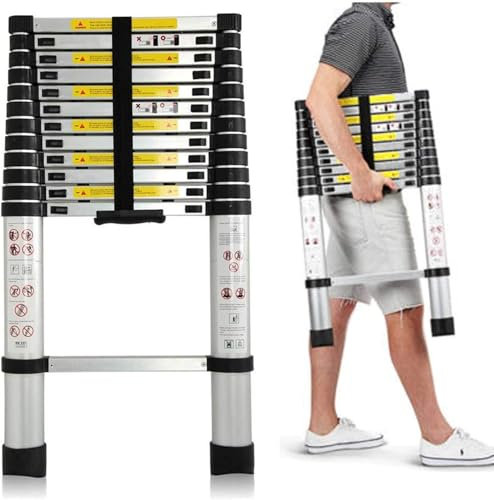 Teleskopleiter 3,8M Aluleiter Klappleiter Ausziehleiter Stehleiter Rutschfester, Teleskop-Design, aus hochwertigem Aluminium, Tragbar,Leichte, 150 kg Belastbarkeit
