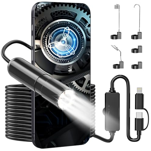 Telecamera endoscopica con luce, 1920 HD endoscopio con 8 luci LED, impermeabile IP67, fotocamera endoscopio, endoscopio per Android e iOS, tablet (16,4 ft/5 m)