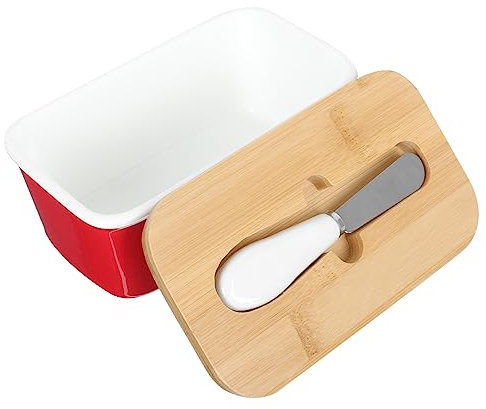 Cabilock 1 Coffret Boîte au beurre avec un couteau récipient de rangement au beurre Conteneurs bol à beurre en céramique bol de service à collation Acier inoxydable rouge