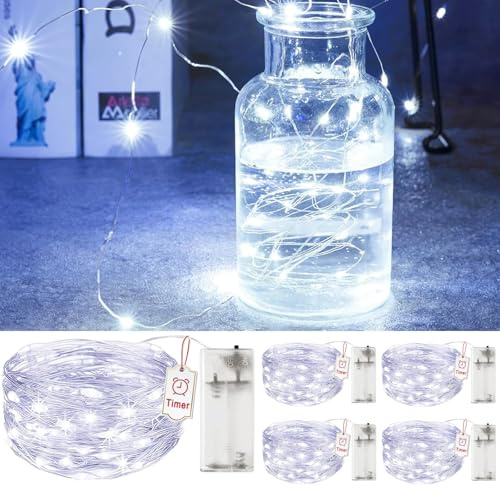 5 Stück LED Lichterkette mit Timer, 2M 20LEDs Batteriebetrieben, Wasserdicht - Moderne Deko für Hochzeit, Party, Winterzauber，Kaltweiß [Energieklasse A+++]