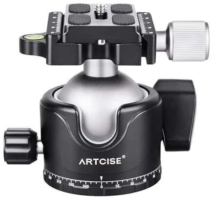 ARTCISE Low Profile Camera Tripod Ball Head,46mm Metal Panorama Ball Head Compatible with Arca 1/4 Quick Release Plate for Tripod Monopod Slider DSLR Camera Camcorder, Load Capacity: 55lb/25kg