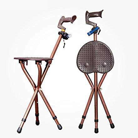 Bastón Asiento Plegable Bastón Bastón Trípode Ajustable Taburete para Caminar con Luz Led Unisex para Ancianos, Marrón