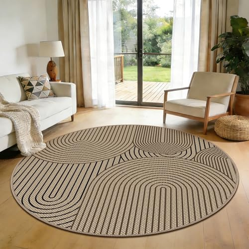 VSIWB Teppich rund 160 cm, Leichter Jute Aussehen Teppich, Rutschfest Wohnzimmerteppich, Outdoor Teppich Waschbarer, Minimalistisch Boho Teppich Braun für Schlafzimmer, Wohnzimmer und Balkon