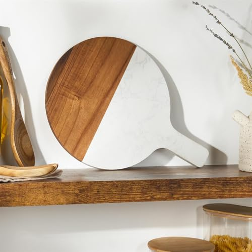 OHS Marble with Acacia Wood Cheese Board Round Charcuterie Serving Boards with Handle Chopping Boards Pizza Meat Bread Serving Platter Grazing Carving Board