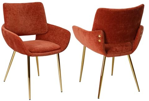 ELUCHANG Esszimmerstuhl 2er Set, bis 150 kg Belastbar, Schminktisch Stuhl, Küchenstuhl mit Rückenlehne & Armlehnen, Sessel, Akzentstuhl mit Gold Metallbeinen Accent Chair, Terrakotta