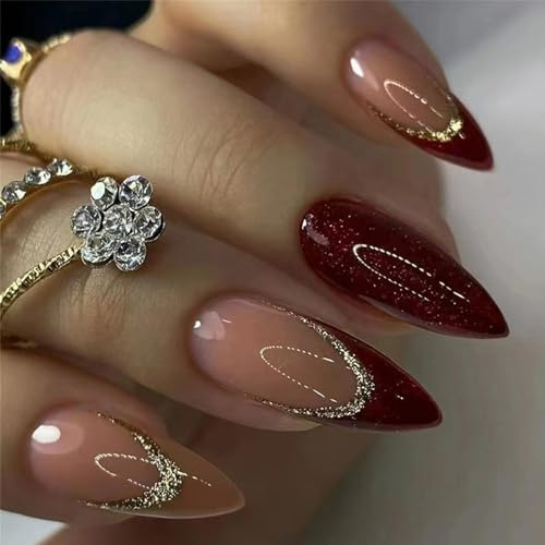 Lot de 24 faux ongles à presser en acrylique - Bordeaux doré pailleté - Amande - Faux ongles brillants en ABS avec accessoires - Conseils faciles à appliquer pour Noël et fêtes d'hiver