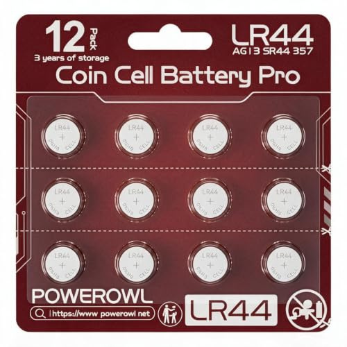 POWEROWL 12 Pcs LR44 Batteries for Watches, Christmas decorations, Bottle Lights, and Small Electronics (Brown)