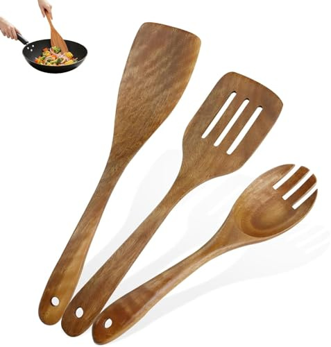 3er Set Pfannenwender Holz, Olivenholz Küchenhelfer Set,Holz Holzspatel Kochlöffel Verhindert Kratzer auf Pfannen,Naturholz Küchenutensilien Hitzebeständig,Gesund, Spülmaschinenfest
