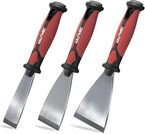 HAUTMEC 3-teiliges Spachtelset, 1,25 Zoll - 2 Zoll - 3 Zoll Farbschaber, flache, robuste Edelstahlklinge und Hammerende zum Entfernen von Tapeten, zum Spachteln von Putz und Zement HT0062-PT