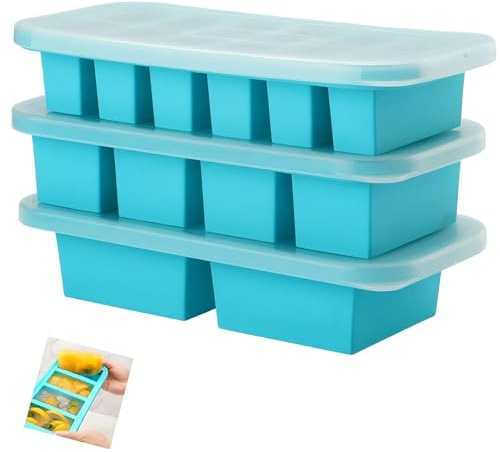 3 Stück Groß Silikon Gefrierform, Freezer Containers, Einfrieren Behälter mit Deckel, Eiswürfelform Silikon für Gefrorene Suppen, Saucen und Eiscreme, Meal Prep (Blau)