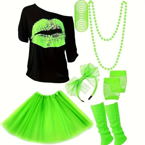 SKFLABOOF Faschingskostüme Damen Aerobic Outfit Netzshirt 80Er 90Er Jahre Bad Taste Outfit Party Netzhandschuhe Accessoires Neon Netz Oberteil Festival Purple,Red,Green, M,L,XL,XXL